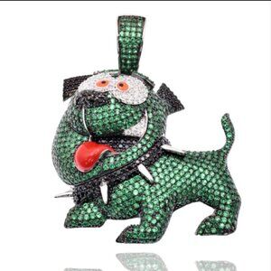 Sterling Silver 925 Rhodium Plated Iced Out Dog Green Black Clear CZ Pendant